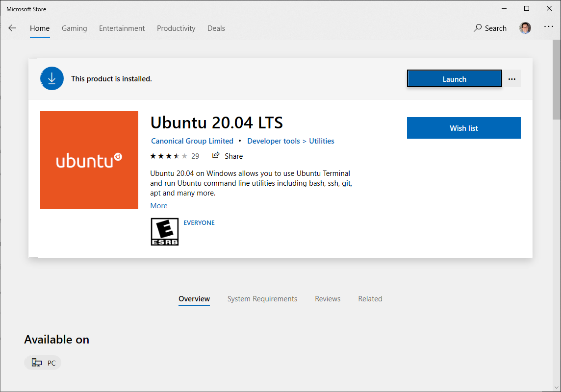 Ubuntu 20.04 LTS in the Microsoft Store